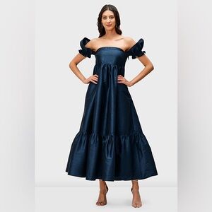 Puff Sleeve Dupioni Strapless Maxi Dress